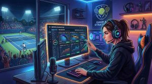 A dynamic digital illustration of a gamer analyzing virtual items on a screen with betting-style odds